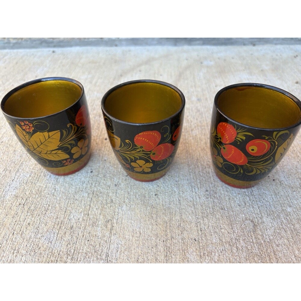 Vintage USSR Russian Khokhloma 5 Piece Lacquer Bowl Cups & Large 12" Ladle Spoon - Picture 14 of 16